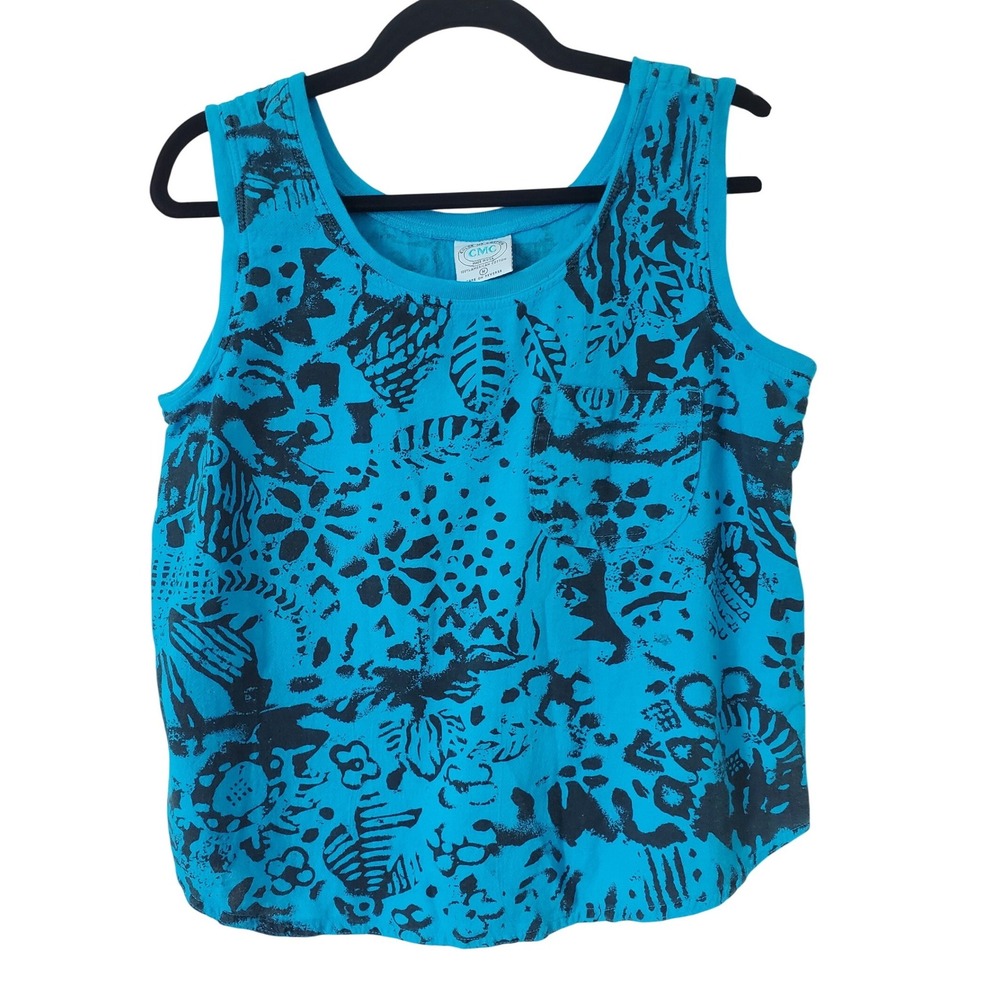 Color Me Cotton CMC Womens Blue Black Abstract Print Tank Top Pocket USA Made M